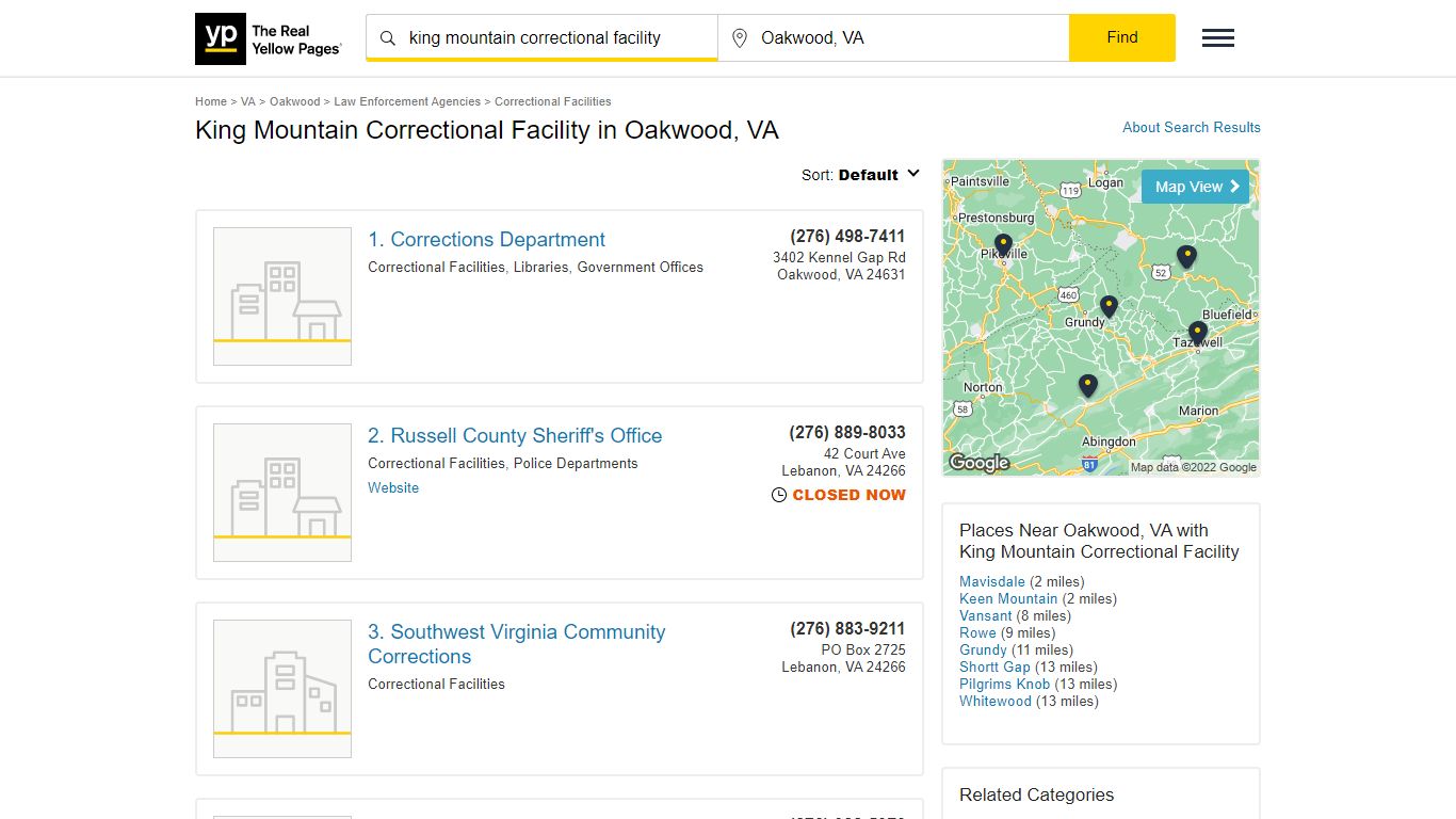 King Mountain Correctional Facility in Oakwood, VA - Yellow Pages